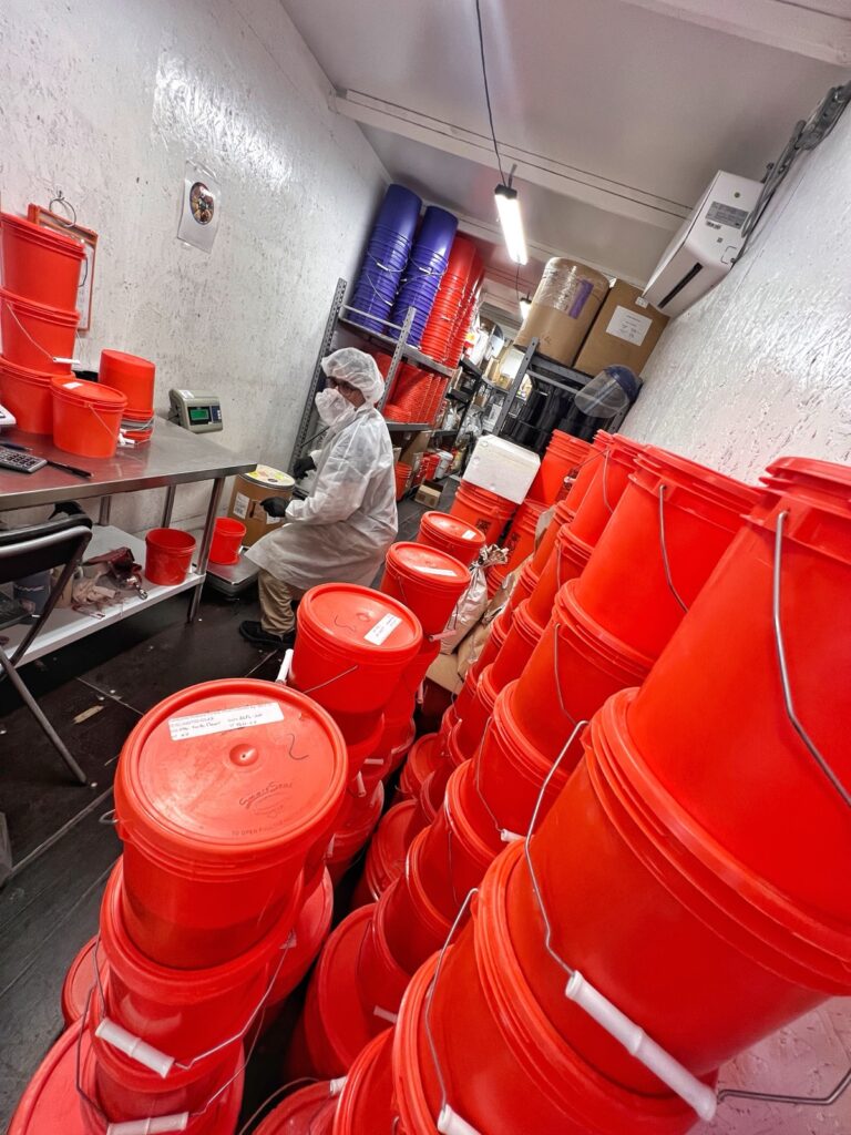 Raw material drums staged in the Chaé production storage area